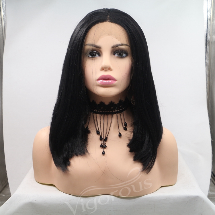 Vigorous mono bob black premium high quality straight short wholesale black women synthetic hair wigs with lace front