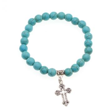 Natural Turquoise Chakra Gemstone 8MM Round Beads Charms Bracelet with Cross Alloy