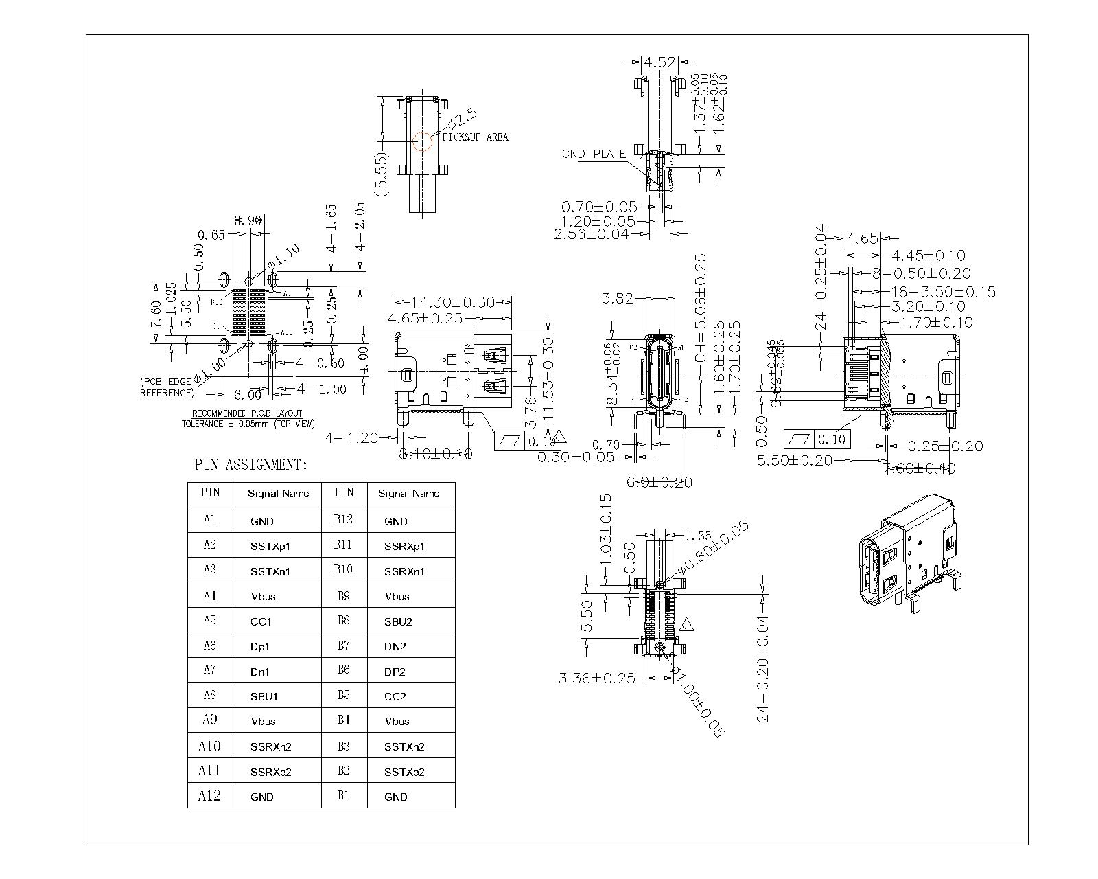 U3.1FR05-S-L-X-X-X USB3.1 TYPE-C 24PIN Female Lateral SMT Vertical Patch Type With 4 DIP Legs With Shrapnel L=14.3mm