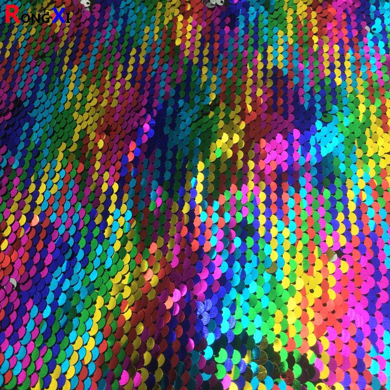 RXF0542 Tela de bordado de lentejuelas rojas de colores del arco iris