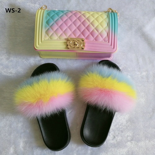 ladies fur slipper Fluffy Fox Fur Sandals PVC Rainbow Jelly Handbag Set