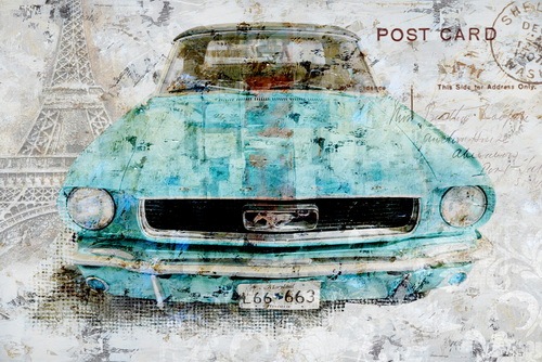 Ancient Antique Old Car Oil Painting on Canvas