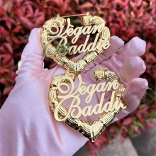 Personalized Name Bamboo Earrings with Big Heart Gold Plating