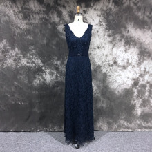 China Real Photo Long Frock Design Dark Blue Sleeveless V-Neck Beaded Lace Floor Length Evening Dress