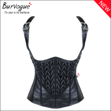Burvogue Black Waist Training Vest Zipper Faux Leather Steampunk Underbust Corset Tops