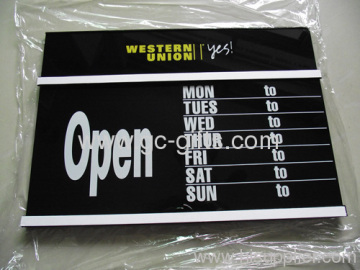 Western Union Window Sign Made Of Black Arcylic For Opening Time?