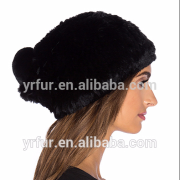 YR297 Wholesale elastic real Rex rabbit/Rabbit fur knit hat with fur ball top