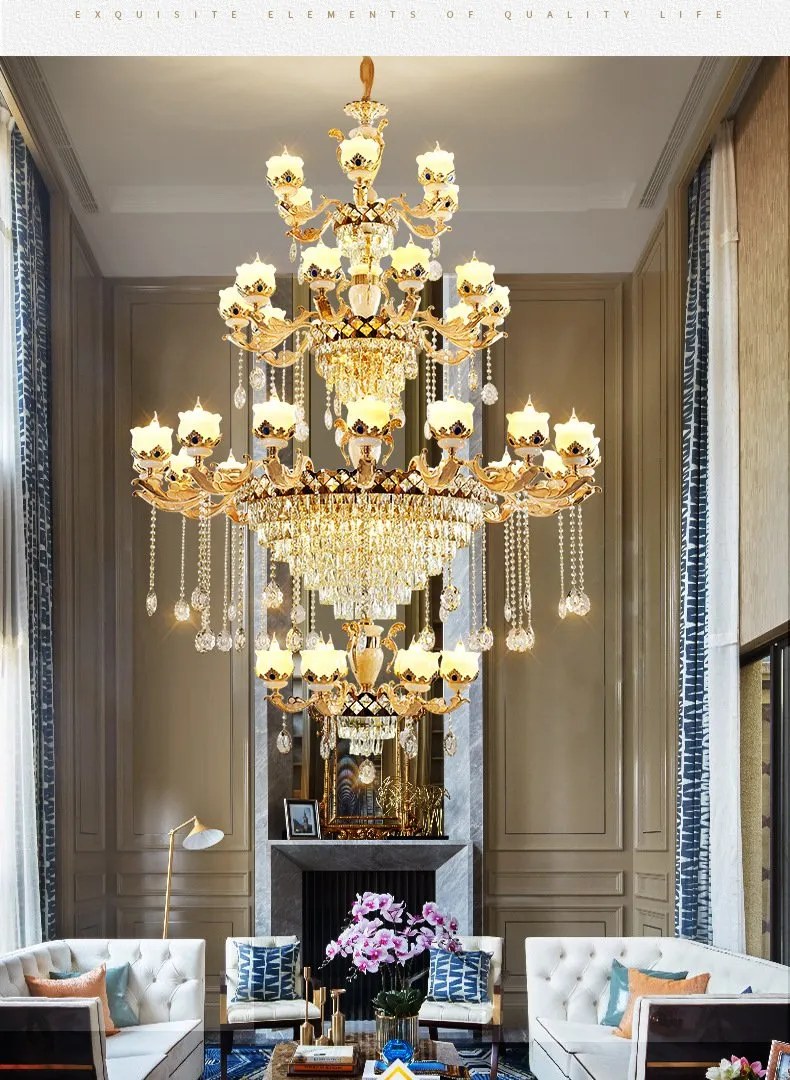 European Luxury Natural Jade, Crystal Chandelier, Villa Living Room Headlights