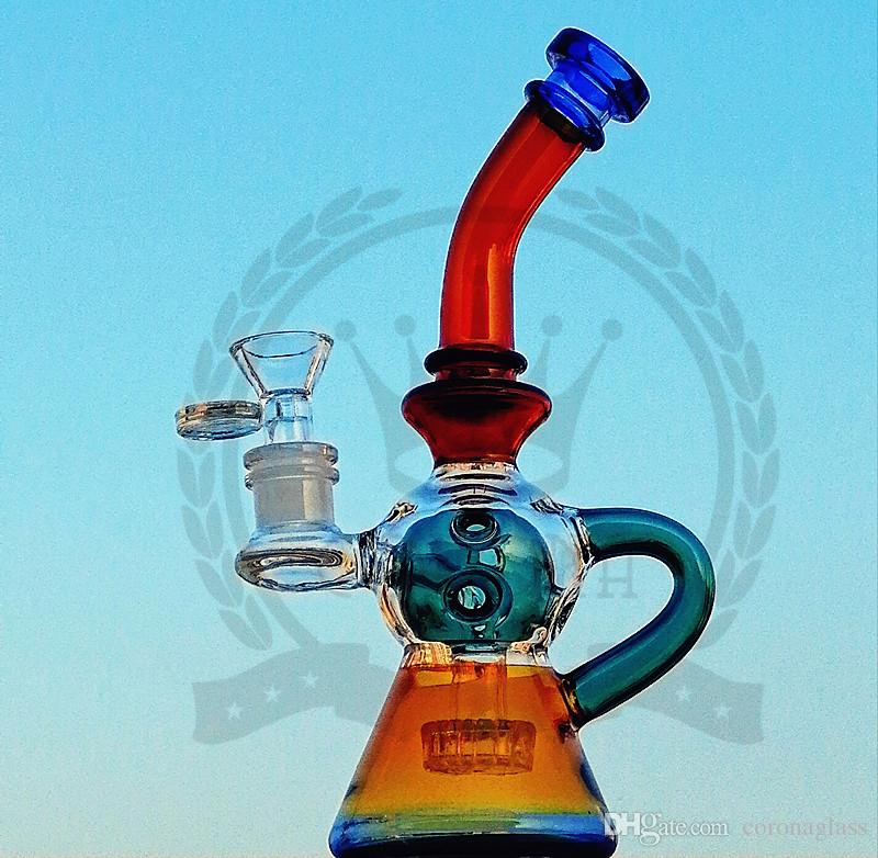 Beaker Bong 9inch color Recycler Pink glass bong matrix fab egg burner oil rig purple green blue black glass water pipes hitman bongs