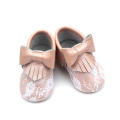 Mocassins en cuir pour bébé mignon en dentelle à semelle souple Bowknot