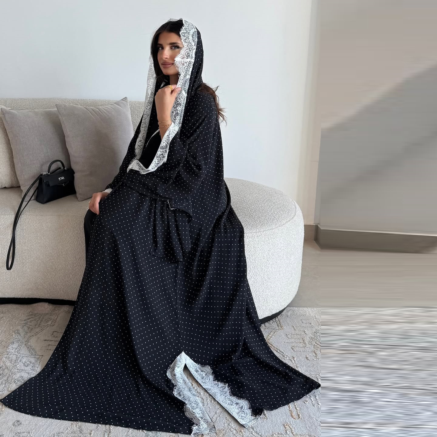 ست توری خال خالی ابایا Lace Trim Polka Dot Abaya Set Detail