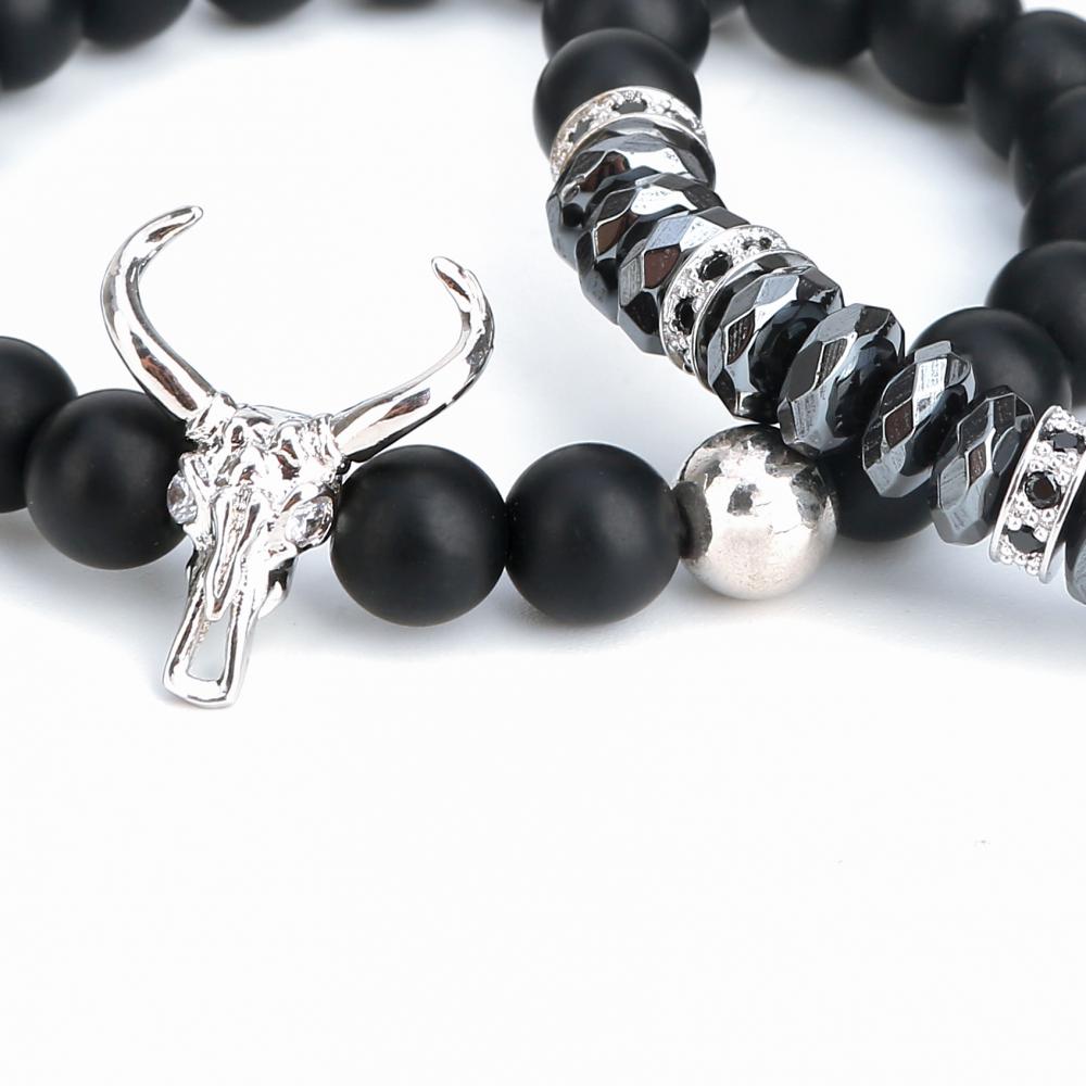 Punk CZ Bull Head Skull Hommes Bracelet Mode bœuf Mat Onyx Pierre Perles Charme Bracelets Bracelets Macramé Strand Bijoux