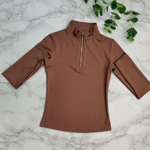 Brown Half Zipper Breathable Riding Tops