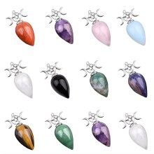 Gemstone Teardrop Pendant Natural Stone Waterdrop Antique Silver Stone Pendulum & Pendant for Necklace Earring Jewelry Making