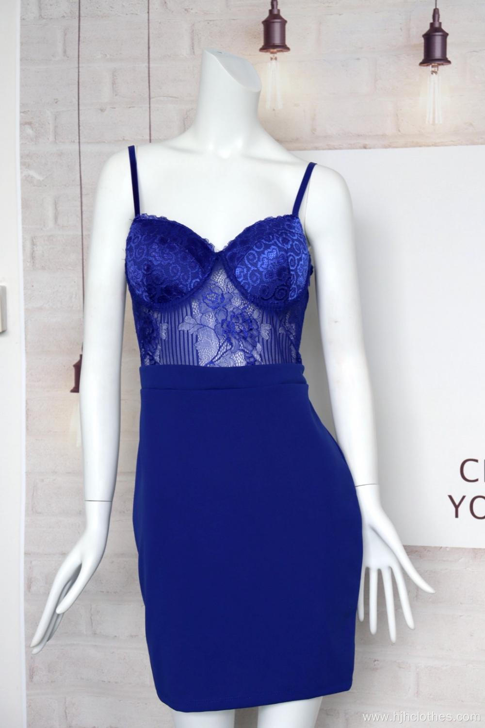 Ladies Blue Lace Strapless Dress With Breast Padded