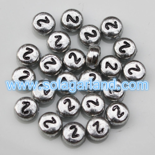 4x7mm acrylique 0 à 9 chiffres / chiffres lettre argent pièce ronde plate perles d&#39;espacement