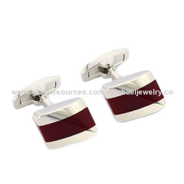 Brass Cufflinks with Red Opals and White Steel Plating, Nickel-free