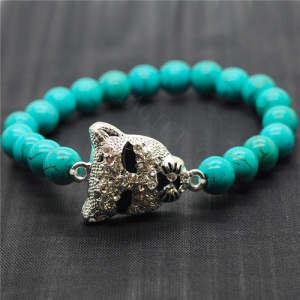 Pulsera de piedras preciosas elásticas de 8 mm de turquesa con pieza de cabeza de leopardo de aleación Diamante