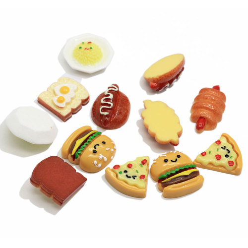 เรซิ่นจำลองอาหารขนมปังฮอทดอกแฮมเบอร์เกอร์พิซซ่าอาหารรุ่น Flatback Cabochon สำหรับบ้านเครื่องประดับตาราง Figurine Miniatures