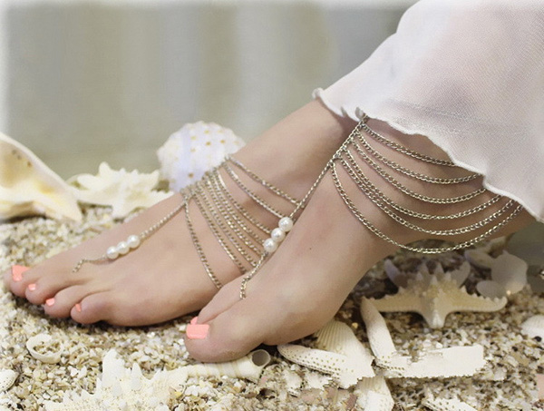 White Pearl  Multi Chain Tassel Anklet