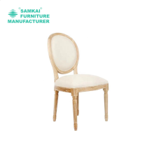 Classic French Louis Round Back Solid Wood Chair with Linen Upholstery