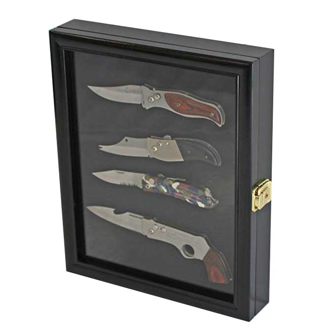 Custom high quality 10x12 inch Black wood Knife Display Case Shadow Box with Glass Door Wall Mountable