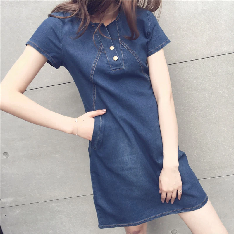 Summer Plus Size Short-Sleeved Casual MID-Length Denim Dress
