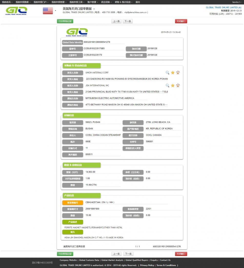 Datos de importación de imanes permanentes de ferrita de EE. UU.