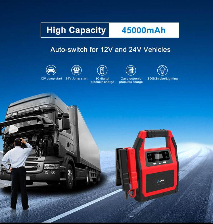 CARKU portable 12V 24V quick charge car battery booster pack 45000mAh for tractor truck maintenaince service