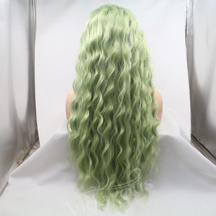 26 Inch Long Water Wavy Ombre Green Color 13x3 Lace Front  For Women Curly Green Hair Full Wig Fibre Synthetic