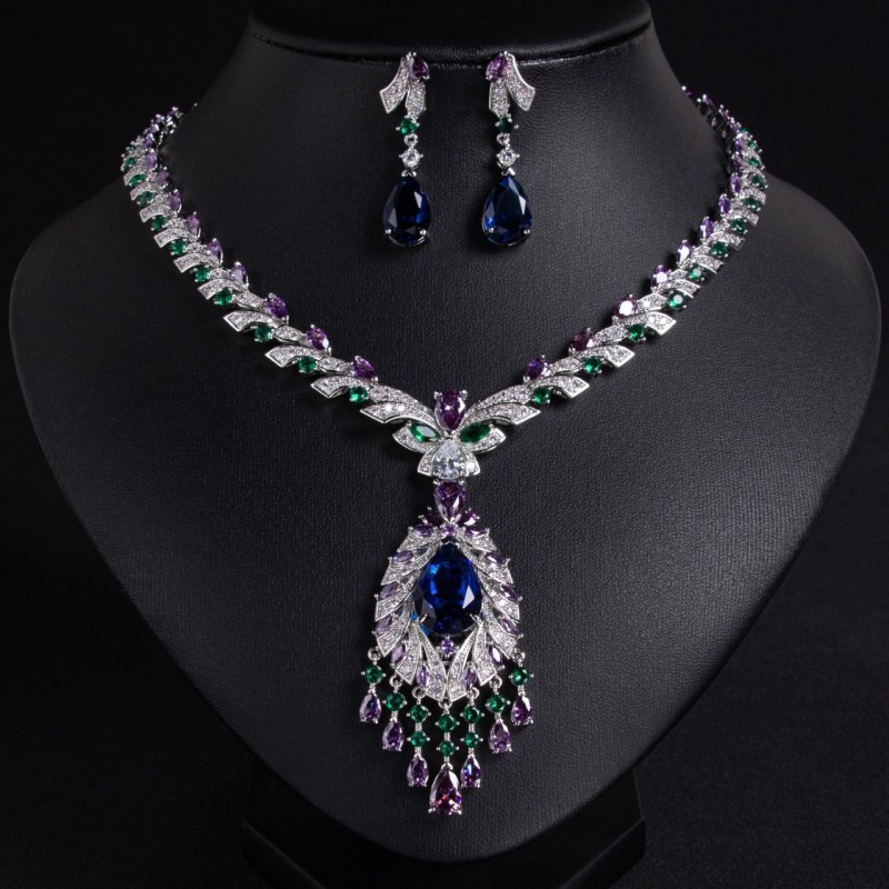 Regal Teardrop Tassel Bridal CZ Jewelry Set