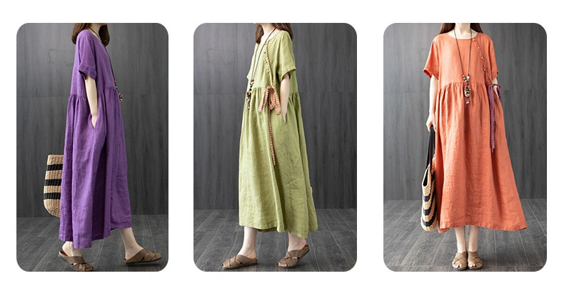 Cotton and Linen Summer Short-Sleeved Loose MID-Length Dress