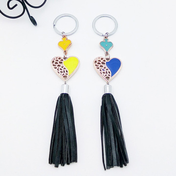 Gold Oil Heart Shape PU Leather Tassel Keychain Wholesale