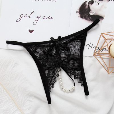 Sexy Lingerie Women Lace Panties Thongs Pearl Pendant Lace Embroidery G-String T-Back Briefs Underwear Adjustable Ladies Panties