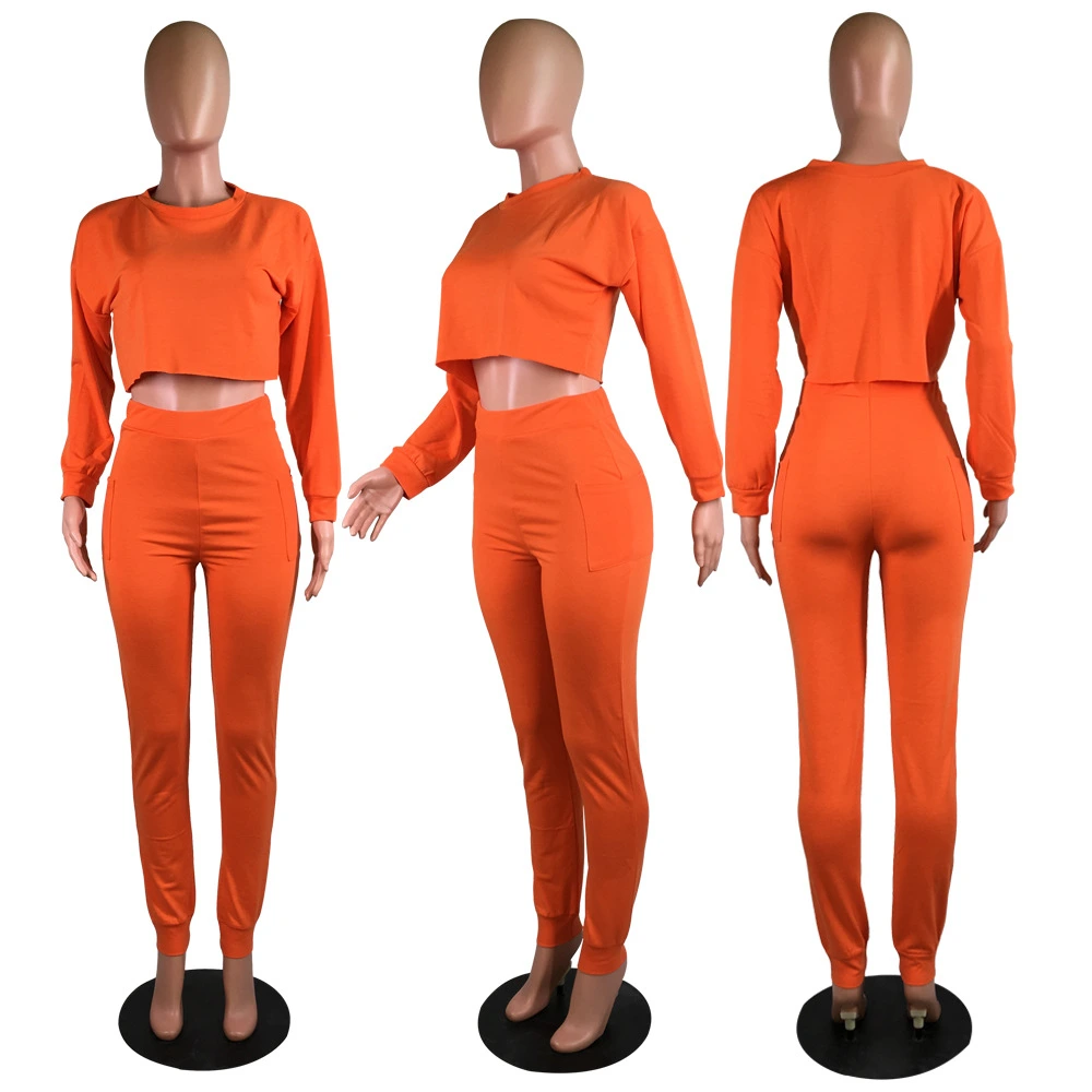 Long Sleeve Crop Top and Pants Two Piece Sets Women Clothing for Spring