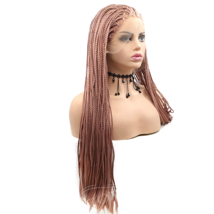 Long straight brown cheap wholesale high quality heat resistant synthetic braided wig with lace front