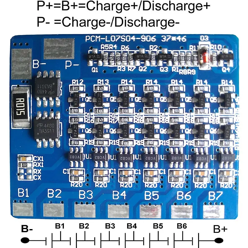 7s 4A PCM BMS for 24V 25.2V 25.9V Li-ion/Lithium/ Li-Polymer 21V 22.4V LiFePO4 Battery Pack Size L37*46*T4mm (PCM-L07S04-906)