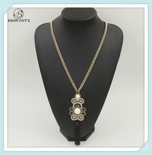2015 New Arrival Gold Long Chain Black Acrylic Beads Chain Tassel Pendant Necklace