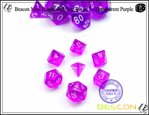 Bescon Mini Polyhedral Würfel Set von 7 - Transparent Lila-1 Bescon Mini Polyhedral Dice Set of 7--Transparent Purple-1