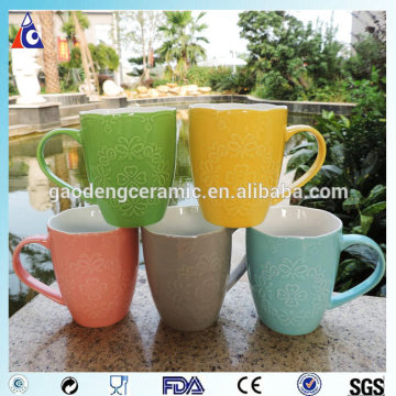 Light color glaze custom embossed mug,custom coffee mug