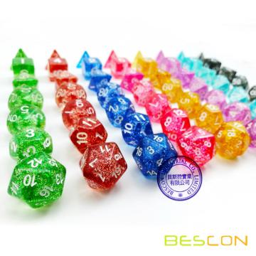 Bescon Assorted Colored Glitter Polyhedral Dice set of 7pcs, Glitter RPG Dice Set