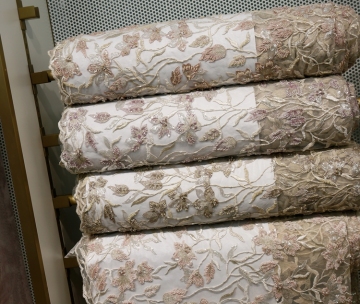 Modern Polyester Lace Fabric with Hand Work Beads and Spangles