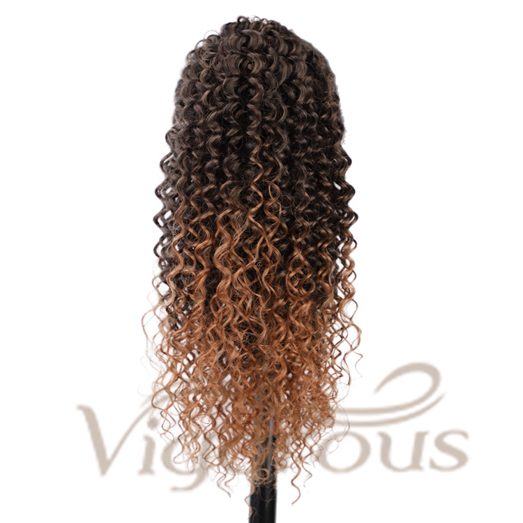 Vigorous Top Quality Supplier Long Curly Ombre Brown Fluffy Machine Made Cosplay Drawstring Synthetic Ponytail Hair Extension