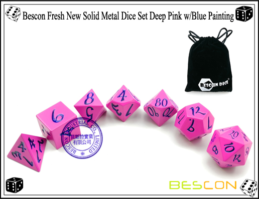 Bescon Fresh New Solid Metal Dice Set Deep Pink with Blue Painting-5