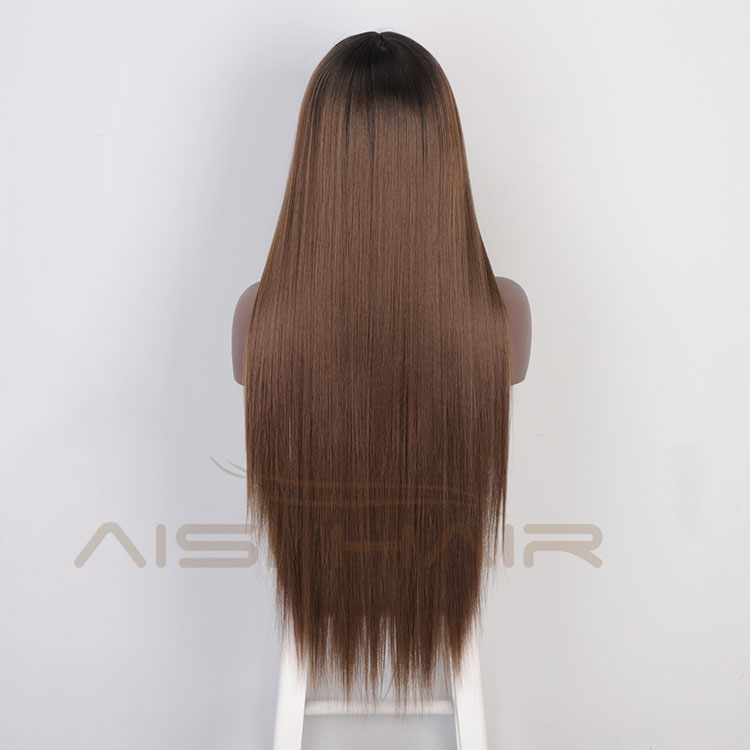 Aisi Hair Cheap Wholesale Vendor Long Straight Natural Wave Ombre Brown Wig With Bangs For Black Women Synthetic Hair Wigs