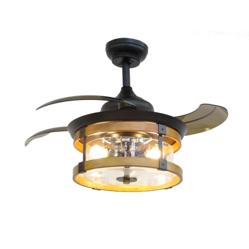 Black Retractable Fan Lamp with Glass Lampshade