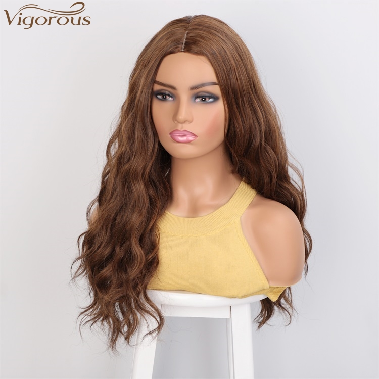 Vigorous Top Quality Dark Brown Mixed Light Auburn Long Wavy Wig Middle Part Synthetic Wigs For Black Women Wholesale Price