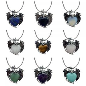 Gemstone Crystal Heart Alloy Wings Dragon &amp; Pterosaur Stone Neclace Natural Quartz Dragon Charm Pendentiels Choker Anniversary Gift