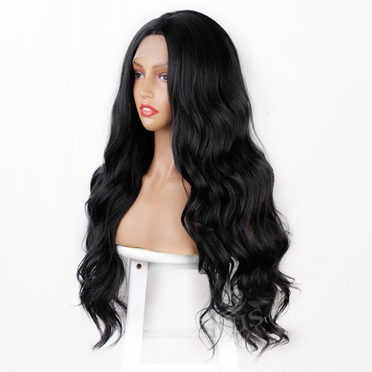 Heat Resistant Private Label Middle Part Synthetic Blend lace Long Body Wavy Mono Black Wig Women Cosplay Fiber Curly Wig