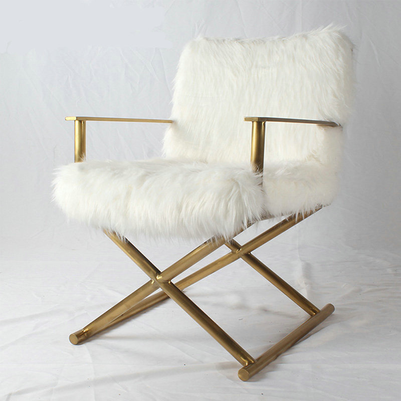 Modern Luxury Modern Brass Gold Metal Stainless Steel Upholstered Mongolian Fur Chair